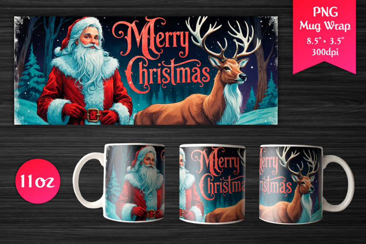 Santa and Deer Christmas 11oz Mug Wrap | Merry Christmas PNG