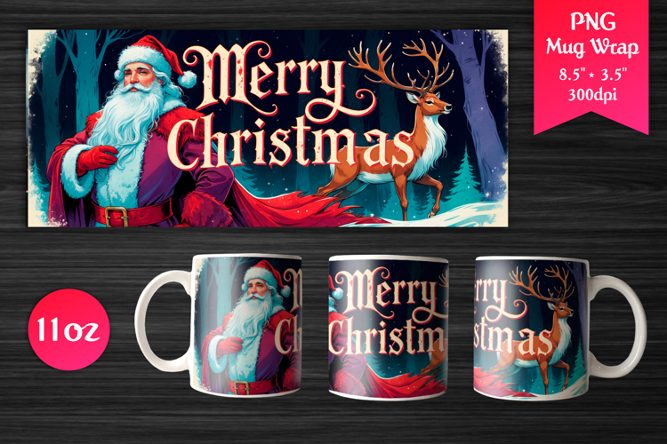 Santa and Deer Christmas 11oz Mug Wrap | Merry Christmas PNG