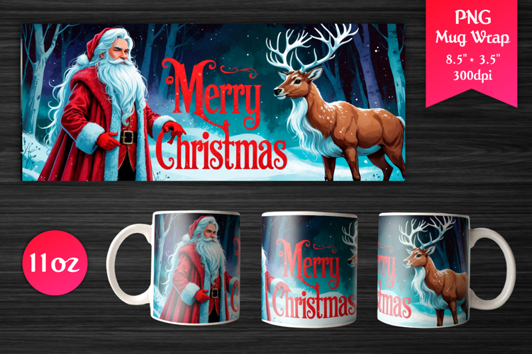 Santa and Deer Christmas 11oz Mug Wrap | Merry Christmas PNG