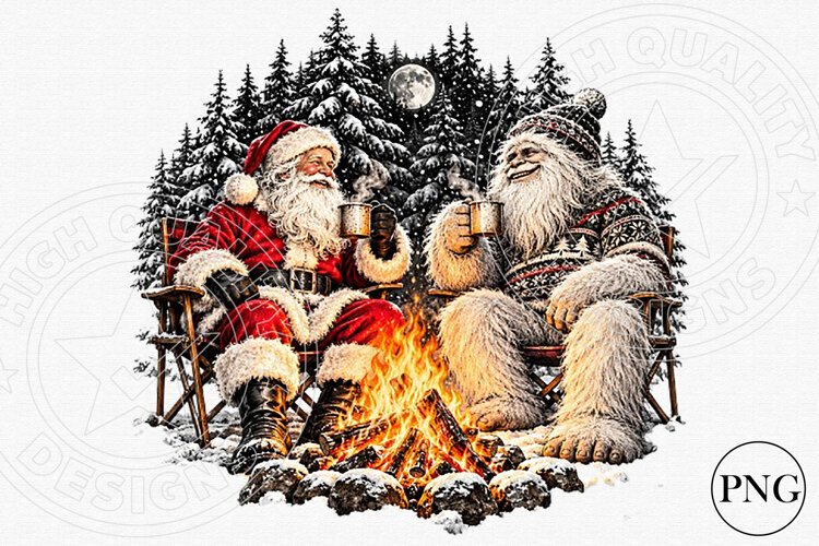 Santa & Bigfoot Christmas Campfire PNG | Cozy Winter Forest example image 1