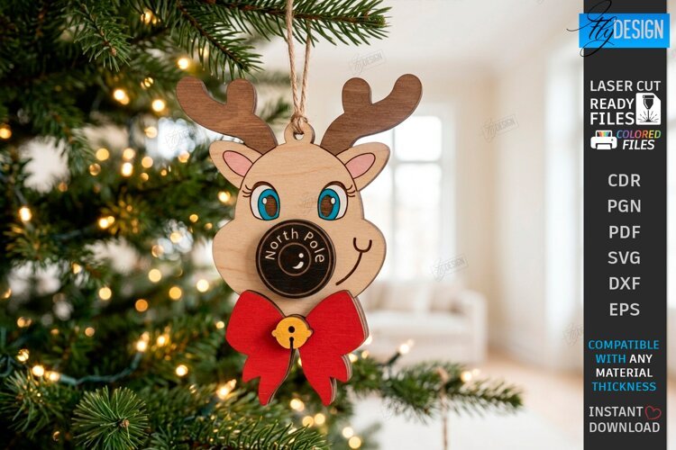3D Christmas Santa Cam Ornament Laser Cut | Reindeer Laser example image 1