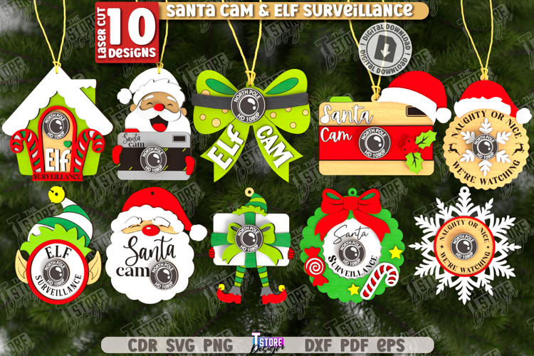 Santa Cam Laser Cut Bundle |Elf Surveillance| Xmas Ornaments example image 1