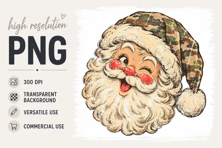 Camo Santa png, Retro Christmas Clipart