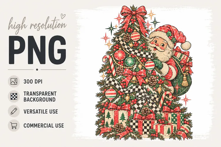Retro Christmas png, Santa Christmas Tree png, Christmas png