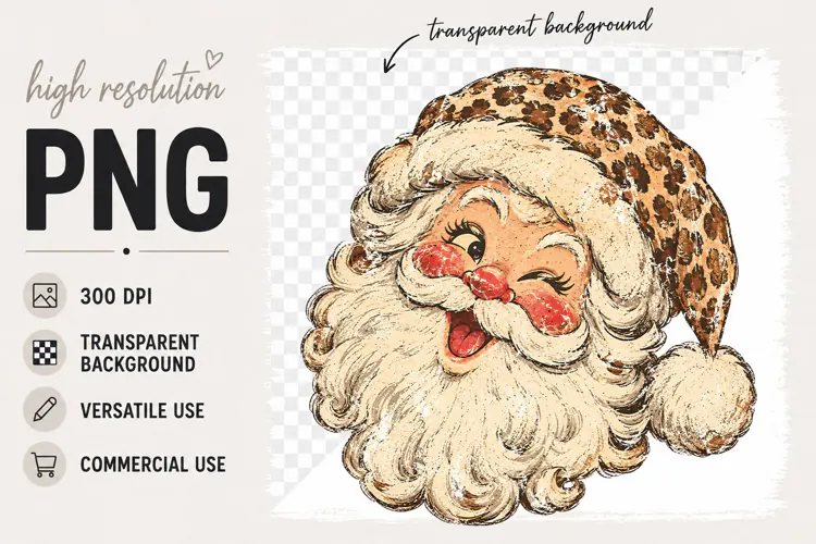 Retro Santa png, Cheetah Print Christmas Clipart png