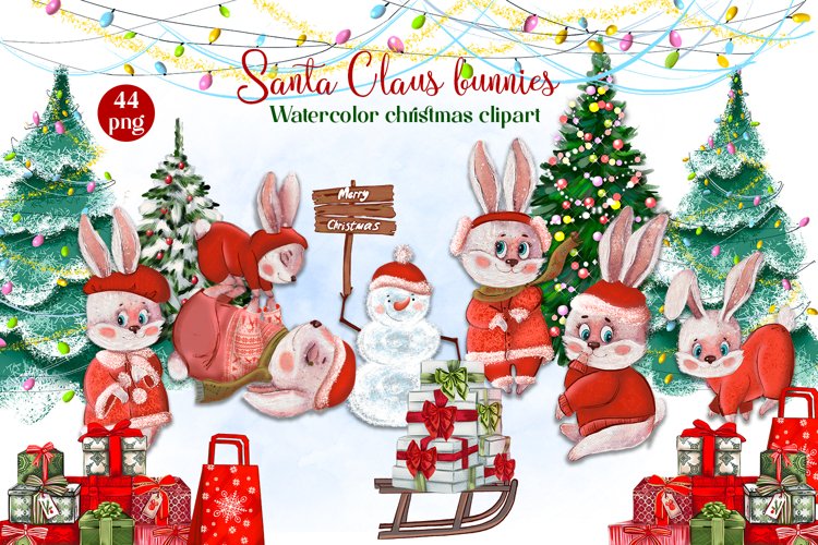 Santa Claus bunnies Watercolor christmas clipart