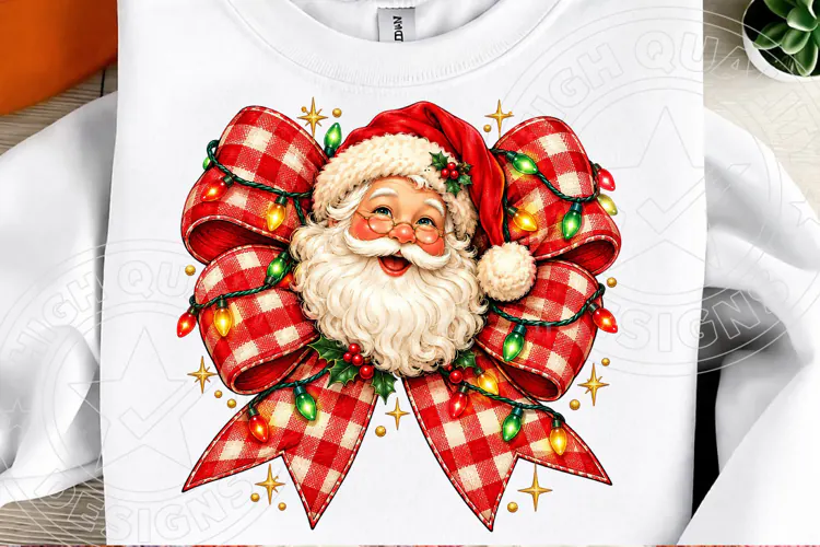 Santa Claus PNG, Red Buffalo Plaid Bow with Colorful Christm