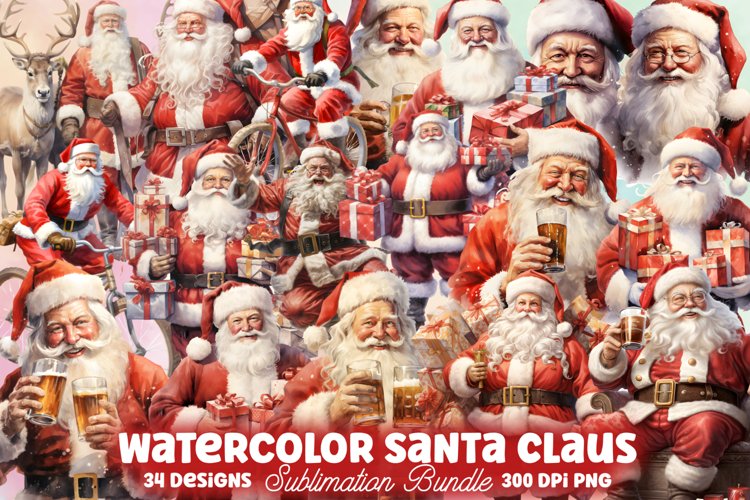 Watercolor Santa Claus Sublimation Clipart, Santa PNG