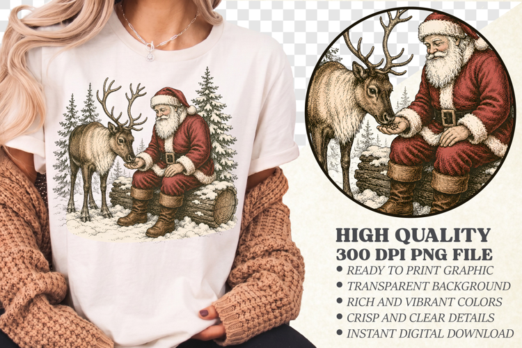 Santa Claus Feeding Reindeer PNG, Vintage Christmas Scene