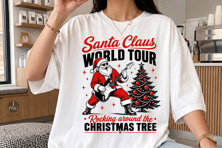 Santa Claus World Tour Christmas PNG,Rocking Santa Shirt example image 1