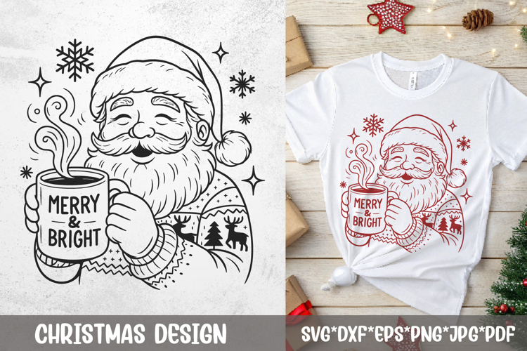 Santa Coffee SVG Files | Merry & Bright Christmas Line Art
