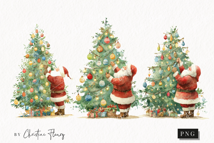 Santa Decorating Christmas Tree Clipart | Christmas PNG