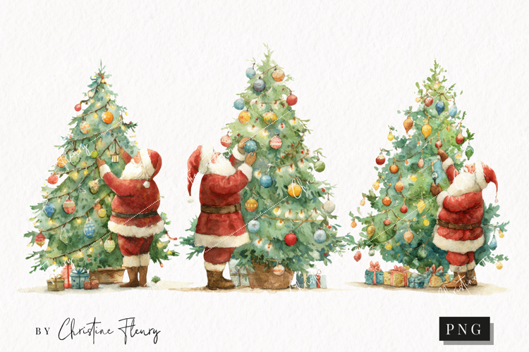 Santa Decorating Christmas Tree Clipart | Christmas PNG