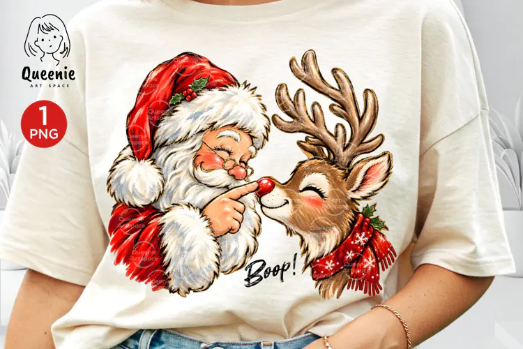 Cute Santa Claus Reindeer Boop Retro Christmas Holiday Png