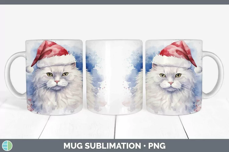 Santa Hat Angora Cat Mug Wrap Sublimation Coffee Cup Designs