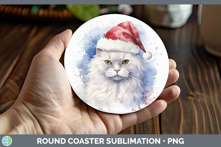 Santa Hat Angora Cat Round Coaster Sublimation Coaster Desig