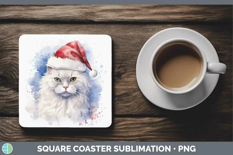 Santa Hat Angora Cat Square Coaster Sublimation Coaster Desi