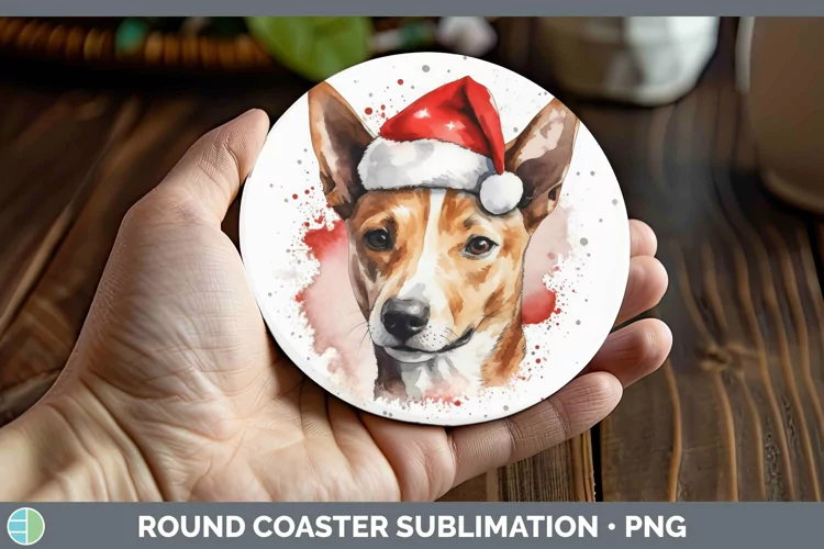 Santa Hat Basenji Round Coaster Sublimation Coaster Designs