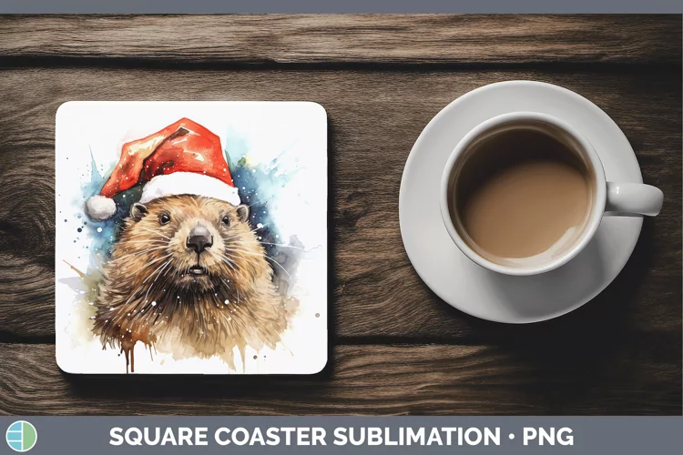 Santa Hat Beaver Square Coaster Sublimation Coaster Designs