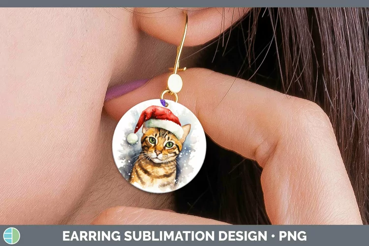 Santa Hat Bengal Cat Round Earrings Sublimation Earrings Des