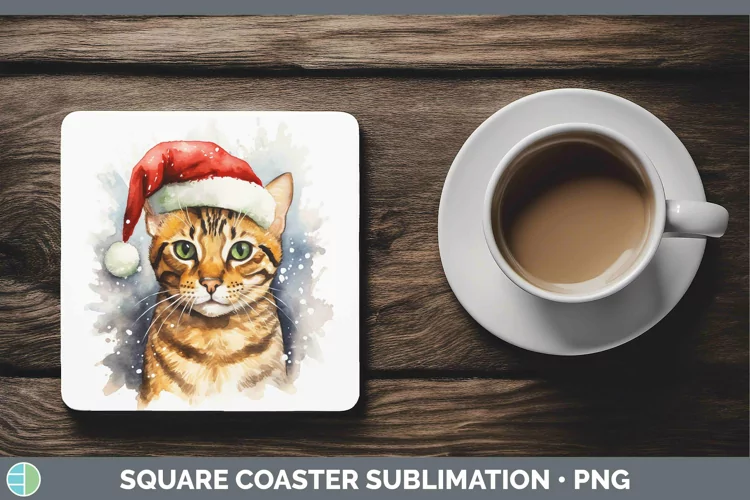 Santa Hat Bengal Cat Square Coaster Sublimation Coaster Desi
