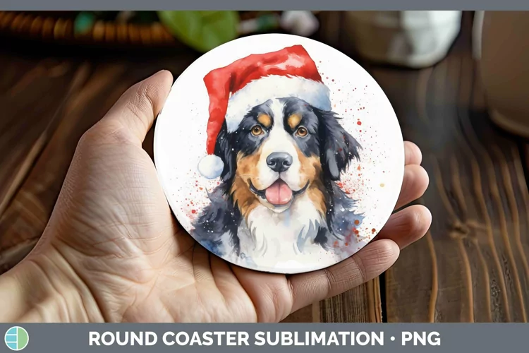 Santa Hat Bermese Mountain Dog Round Coaster Sublimation Coa