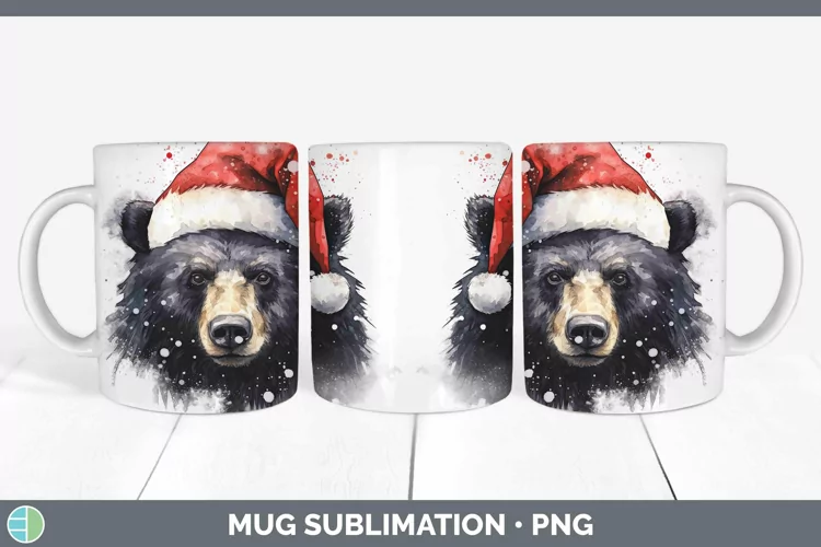 Santa Hat Black Bear Mug Wrap Sublimation Coffee Cup Designs