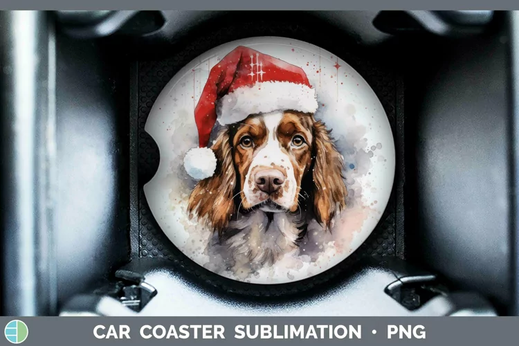 Santa Hat Brittany Dog Car Coaster Sublimation Coaster Desig