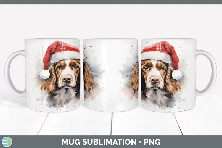 Santa Hat Brittany Dog Mug Wrap Sublimation Coffee Cup Desig