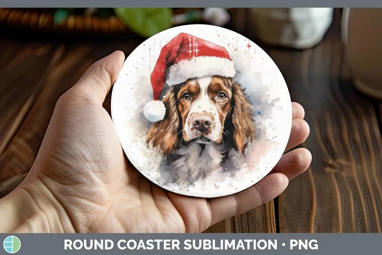 Santa Hat Brittany Dog Round Coaster Sublimation Coaster Des