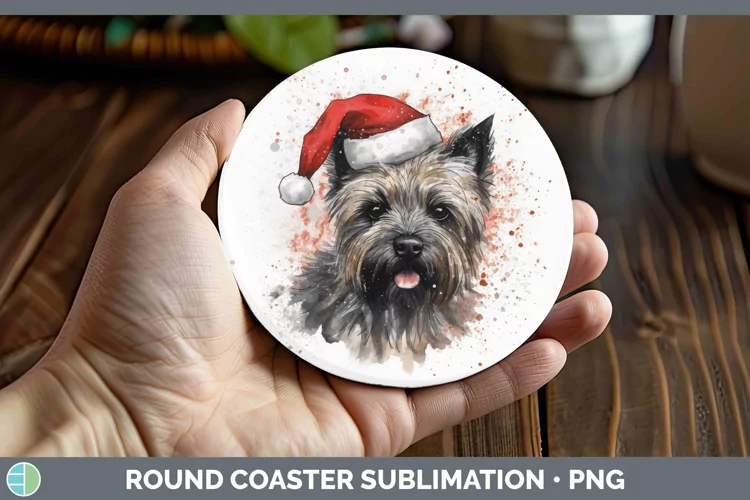 Santa Hat Cairn Terrier Round Coaster Sublimation Coaster De