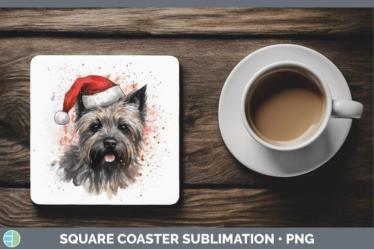 Santa Hat Cairn Terrier Square Coaster Sublimation Coaster D