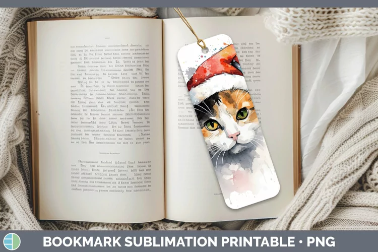 Santa Hat Calico Cat Bookmark Sublimation Printable Designs