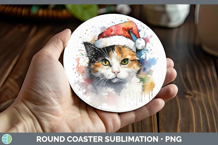 Santa Hat Calico Cat Round Coaster Sublimation Coaster Desig