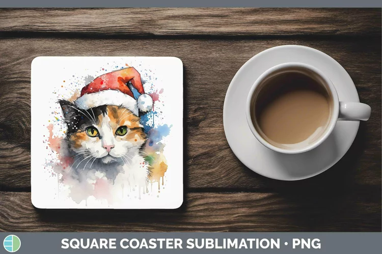 Santa Hat Calico Cat Square Coaster Sublimation Coaster Desi