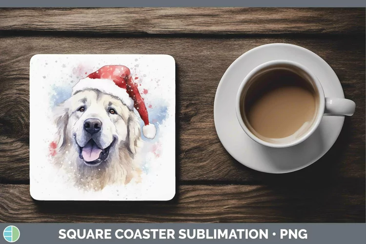 Santa Hat Great Pyrenees Square Coaster Sublimation Coaster
