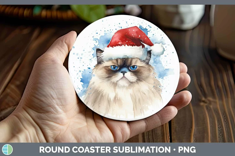 Santa Hat Himalayan Cat Round Coaster Sublimation Coaster De