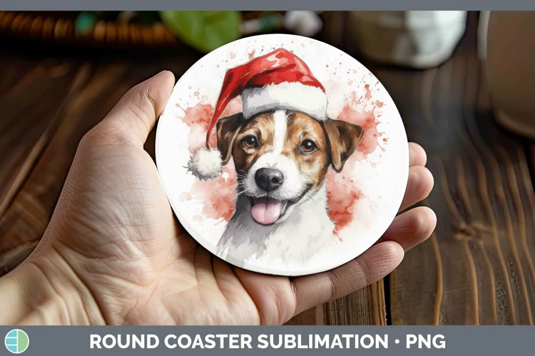Santa Hat Jack Russell Terrier Round Coaster Sublimation Coa