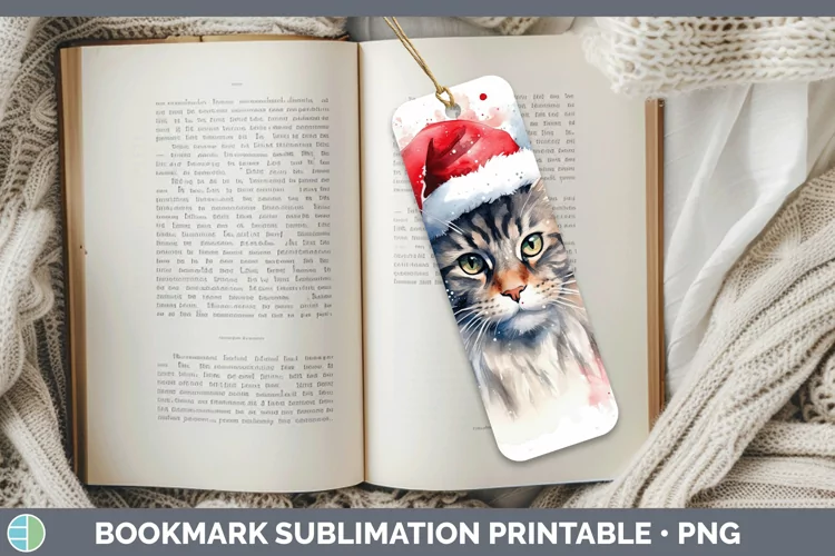 Santa Hat Maine Coon Cat Bookmark Sublimation Printable Desi