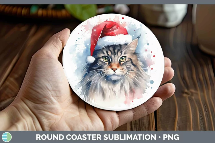 Santa Hat Maine Coon Cat Round Coaster Sublimation Coaster D