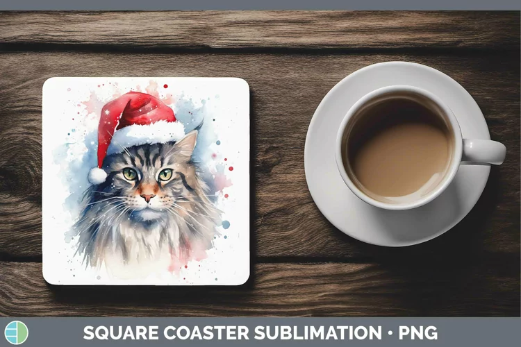 Santa Hat Maine Coon Cat Square Coaster Sublimation Coaster