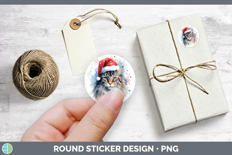 Santa Hat Maine Coon Cat Stickers | Round Labels Designs