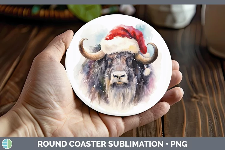 Santa Hat Musk Ox Round Coaster Sublimation Coaster Designs