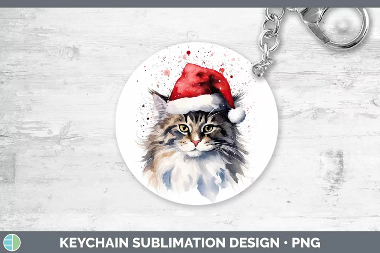 Santa Hat Norwegian Forest Cat Keychain Sublimation Keyring