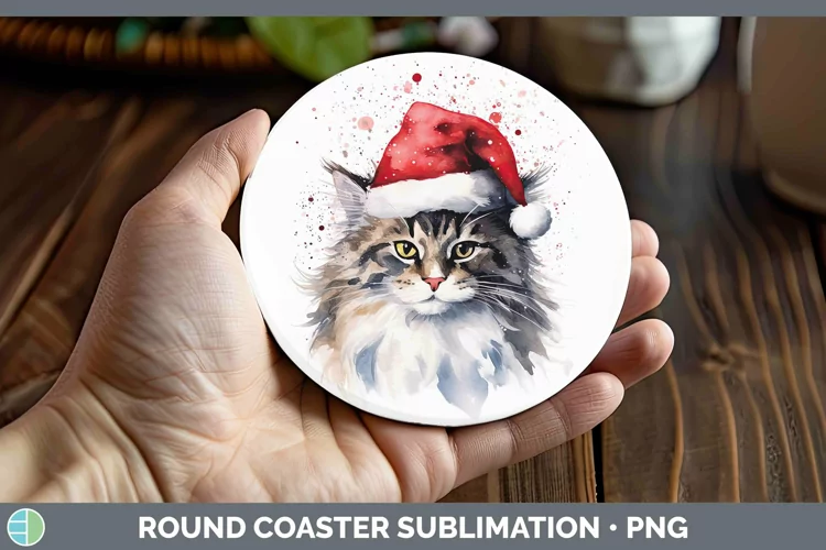 Santa Hat Norwegian Forest Cat Round Coaster Sublimation Coa