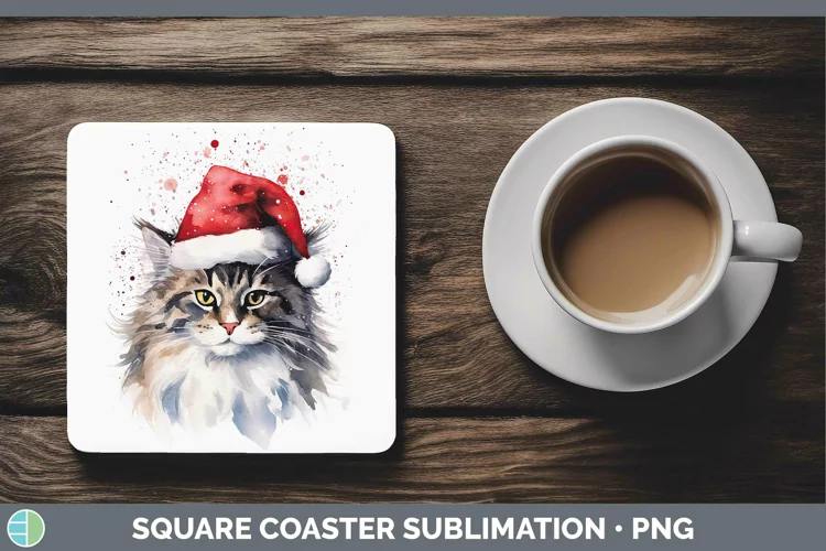 Santa Hat Norwegian Forest Cat Square Coaster Sublimation Co