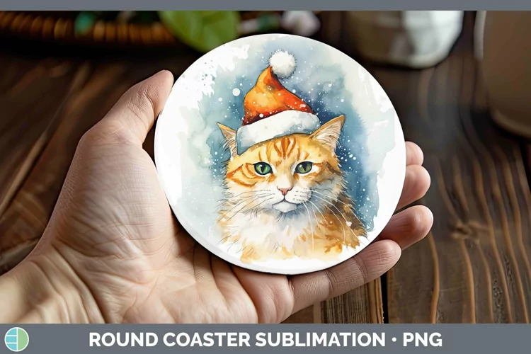 Santa Hat Orange Cat Round Coaster Sublimation Coaster Desig