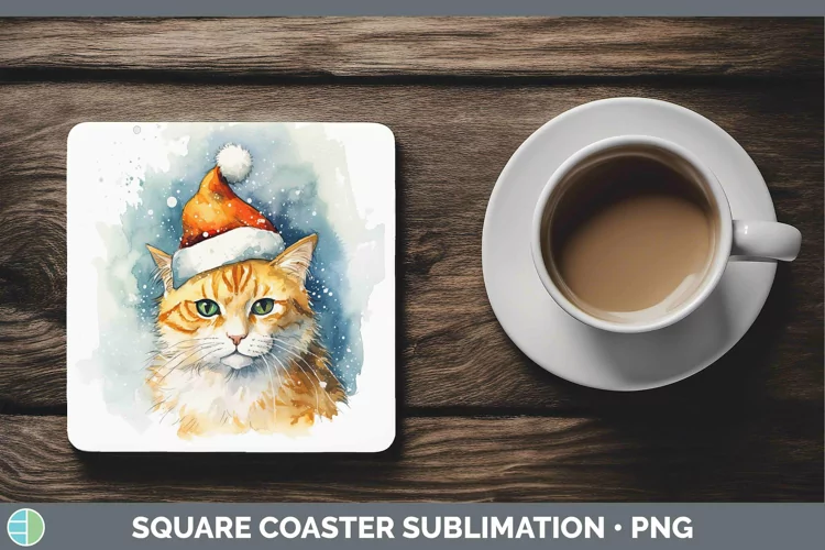 Santa Hat Orange Cat Square Coaster Sublimation Coaster Desi