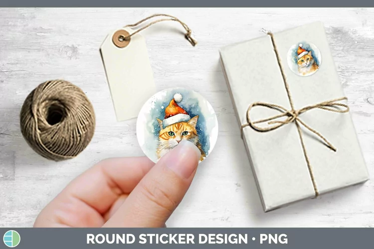 Santa Hat Orange Cat Stickers | Round Labels Designs