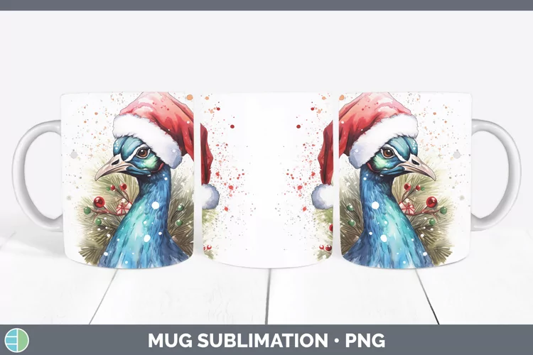 Santa Hat Peacock Mug Wrap Sublimation Coffee Cup Designs
